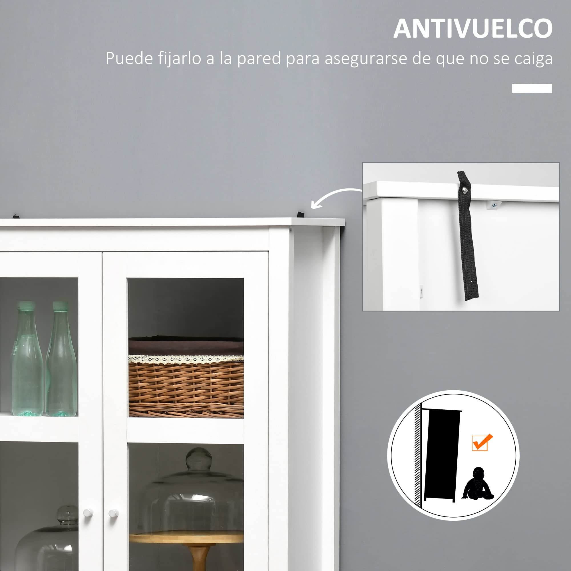 HOMCOM Vitrina de Salón Aparador de Cocina 2 Puertas 80x40x160 cm Blanco | Vidrio Templado, 3 Estantes, 2 Cajones, Bisagras de Cierre Suave, para Comedor Oficina