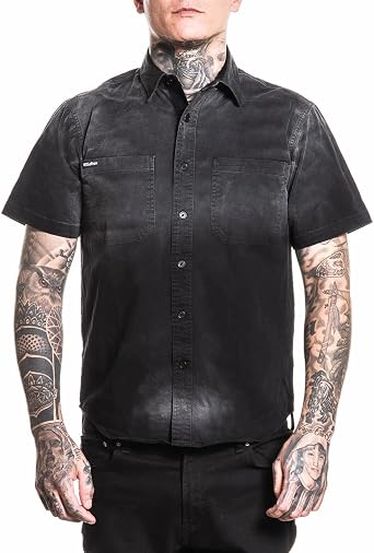 Affliction Mens Gothic Short Sleeve Button Down Shirt, Black Cotton with Back Flame Design
