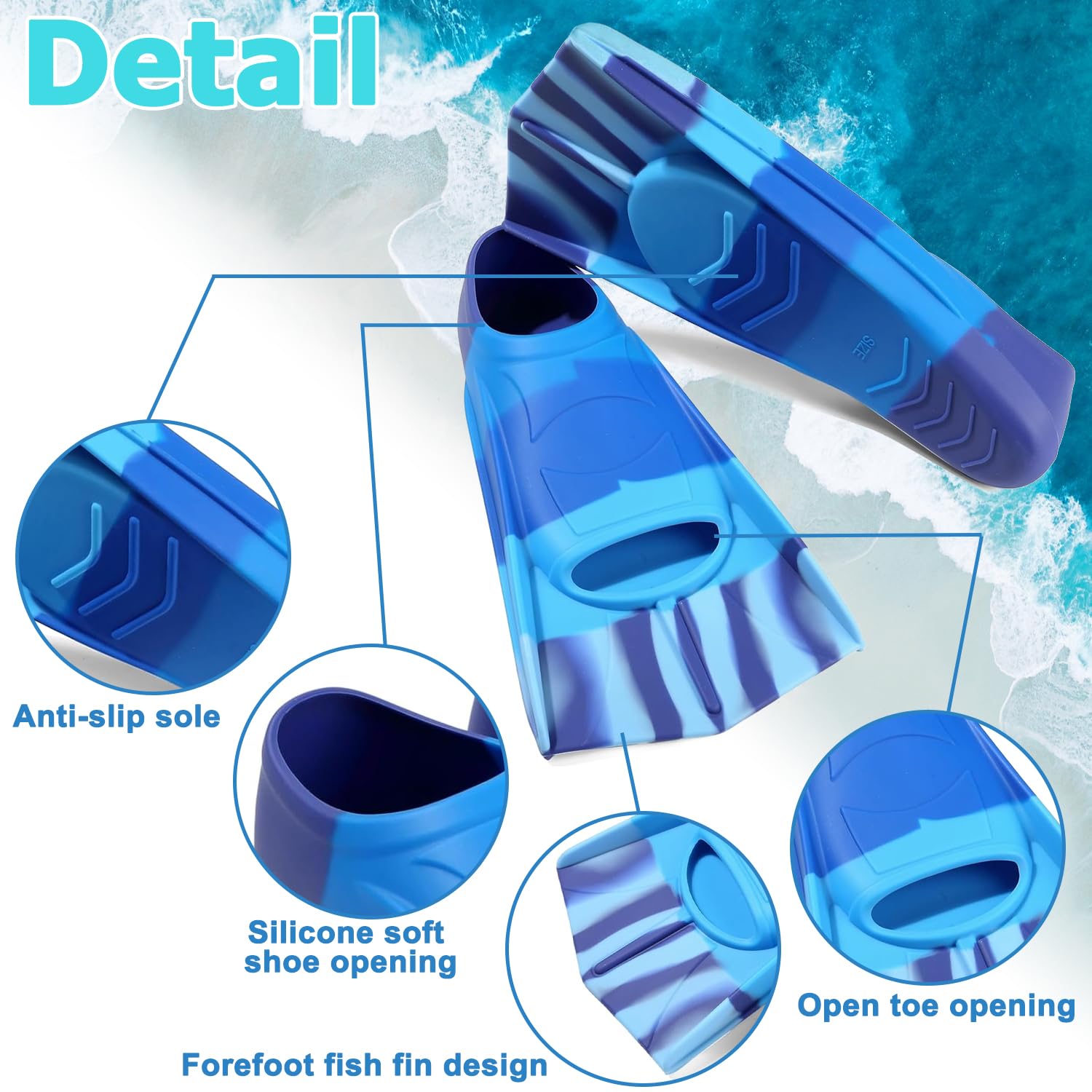 Aletas de natación para niños, silicona cortas, entrenamiento natación regazo, azul oscuro
