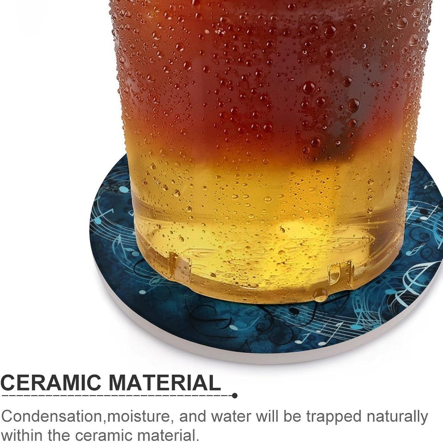 Blue Musical Notes Coaster with Cork Base Drink Coasters for Coffee Table Decor Modern Cup Coasters with Non-Slip & Heat-Resistant Cute Ceramic Table Coaster for Home Dining