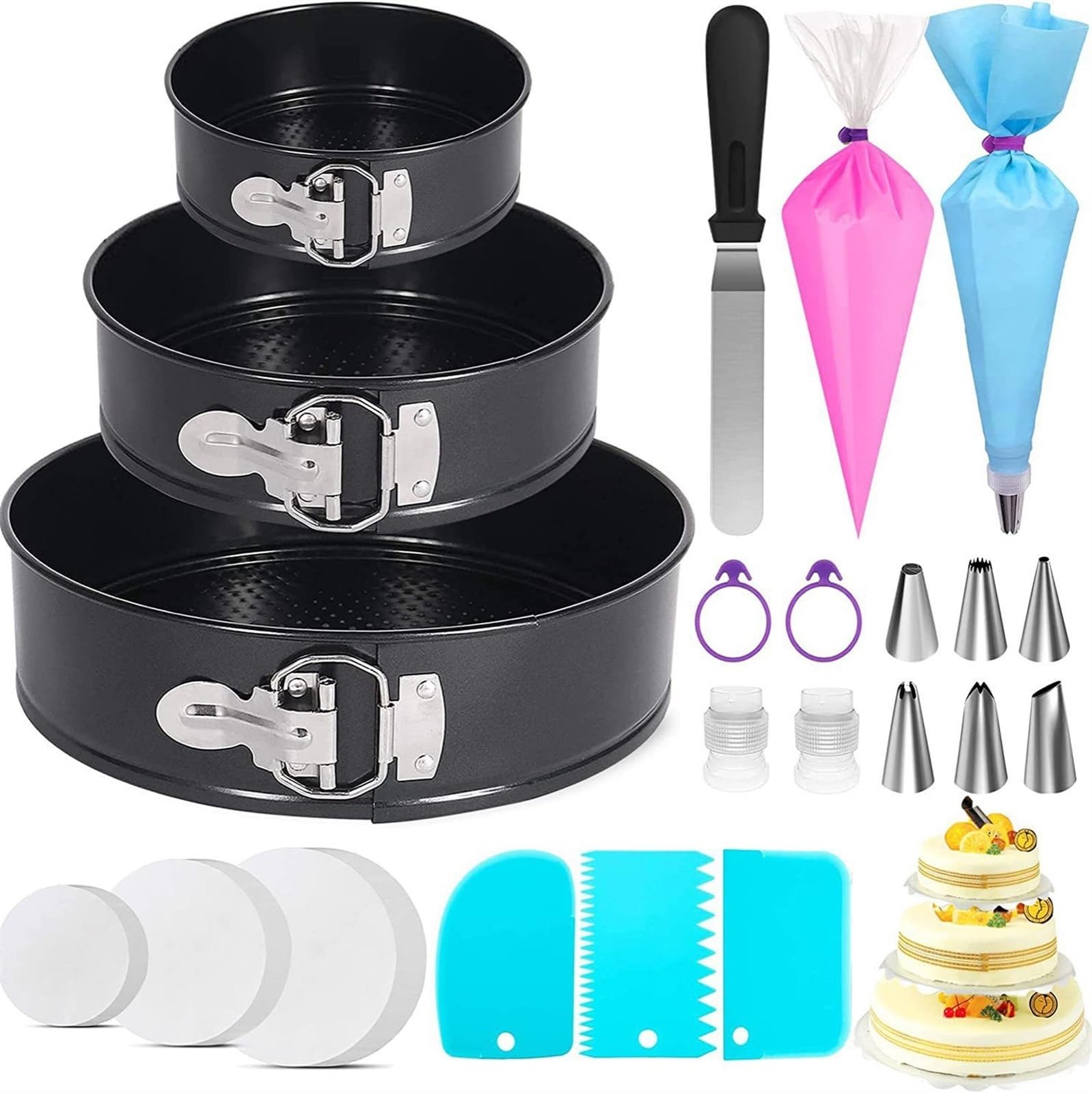 THE WHITE SHOP 103PCs Cake Pan Set, Cake Decorating Kit with 3 Nonstick Round Springform Pans (6, 8, 10 inch), Piping Bags,couplers,Cheesecake Pan Tools Baking Supplies