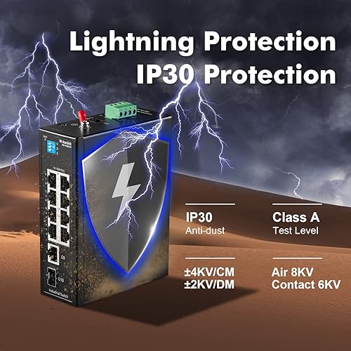 Miniatura 3 de MokerLink Interruptor de carril DIN industrial de 10 puertos, 8 puertos 100Mbps, 1 Gigabit Ethernet y 1 SFP Uplink, riel DIN y montaje en pared