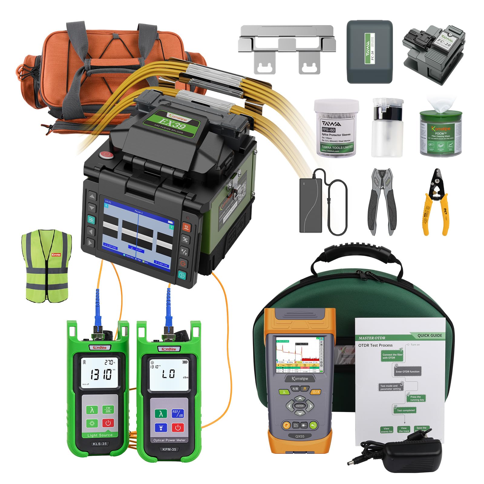 Komshine Fusion Splicer EX39 with 8S Splicing; 18S Heating+130/1550/1625nm PON OTDR Built in 1:16 Fiber Splitters+Power Meter+SM Fiber Light Source