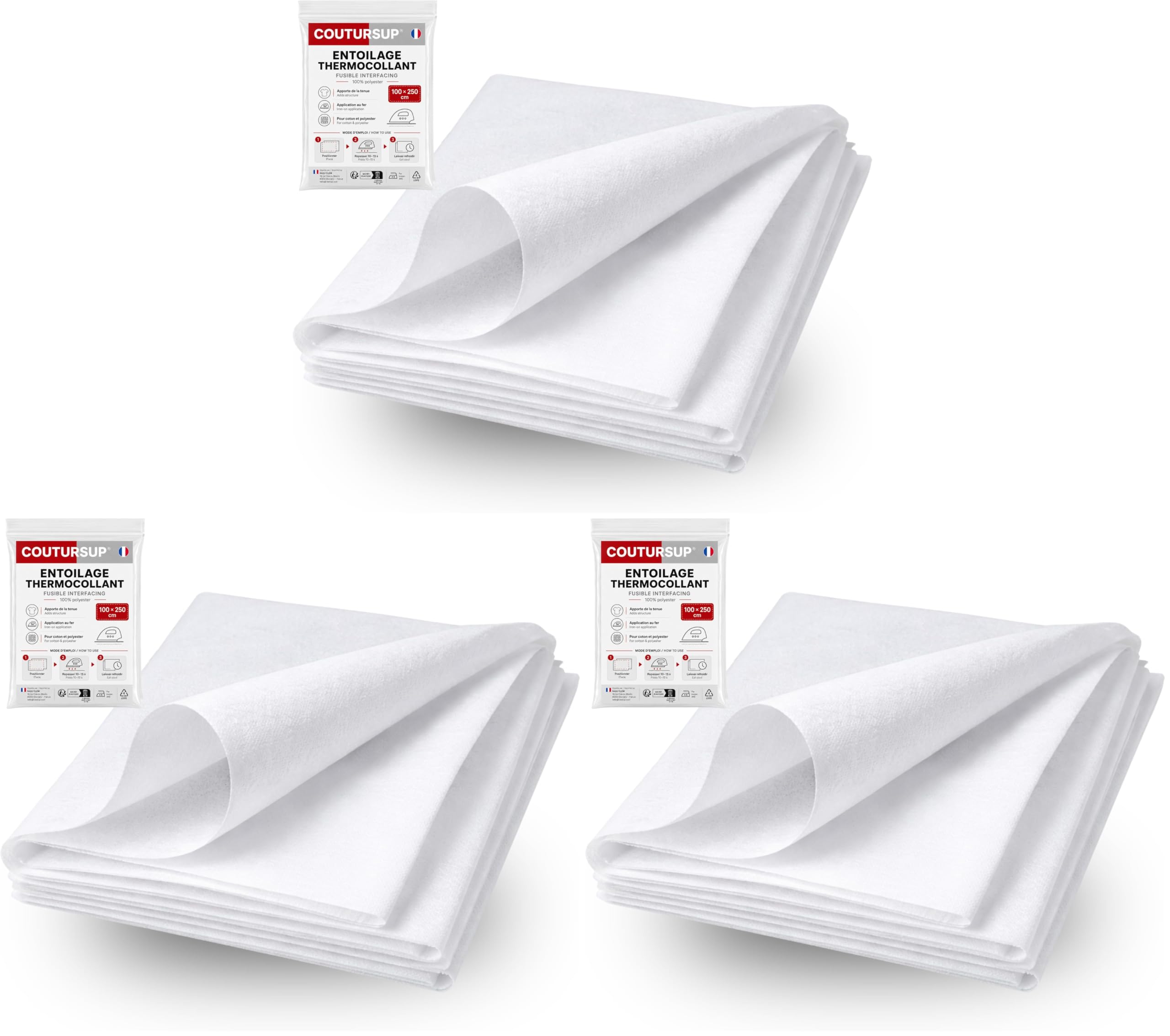 Marque Française | Entoilage Thermocollant Couture Blanc 100×250 cm | Renfort Non Tissé Polyester, Idéal Couture, Vêtements, Sacs et Loisirs Créatifs (Lot de 3)