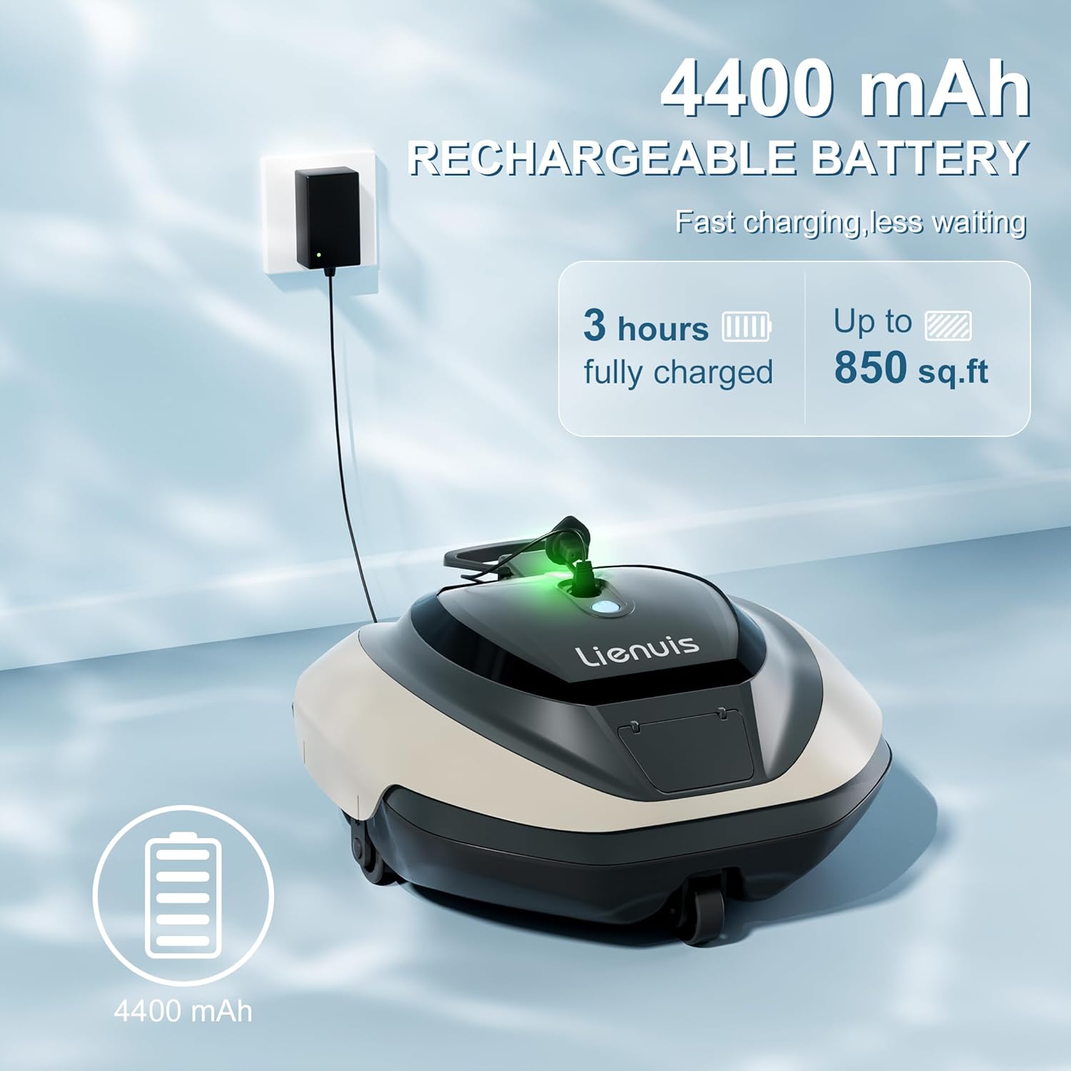 Cordless Pool Cleaner Robot, Robotic Pool Cleaner with 4400mAh Battery,Pool Vacuum for Above Ground Pool with Powerful Suction, DirtLock Tech, Self-Parking,90 Mins Runtime, Up to 850 Sq.ft