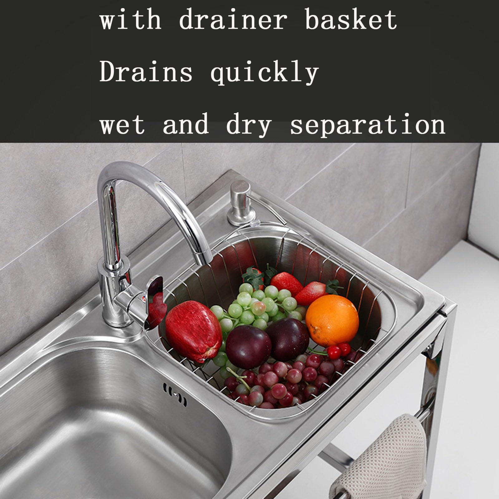 Fregadero profundo de una sola taza, fregadero de cocina de acero inoxidable con colador de drenaje rápido para caravana, remolque de viaje