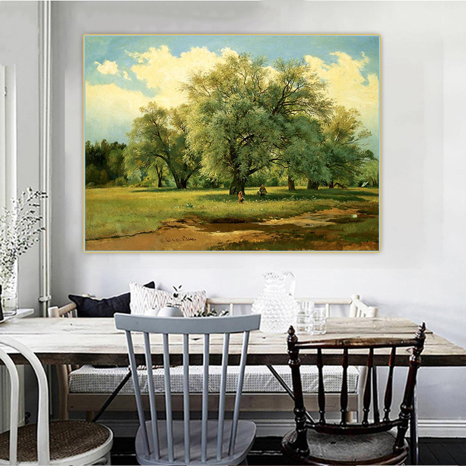 LINKGIN Home Ivan Shishkin《Willows Lit Up by the Sun》Canvas Art Oil Painting Stretched and Framed Poster for Bathroom Decoratios 57x74cm Innerframe