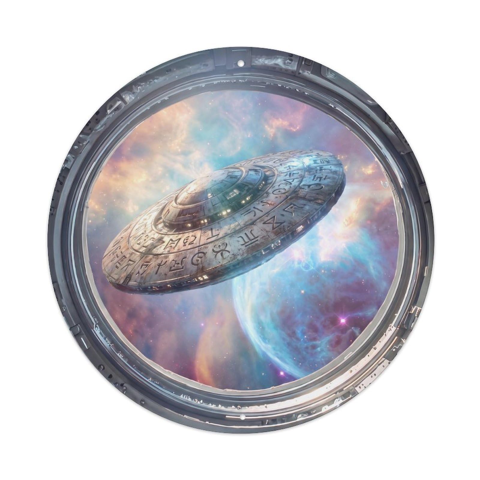 Metal Tin Sign Ancient Saucer from Space Station Porthole