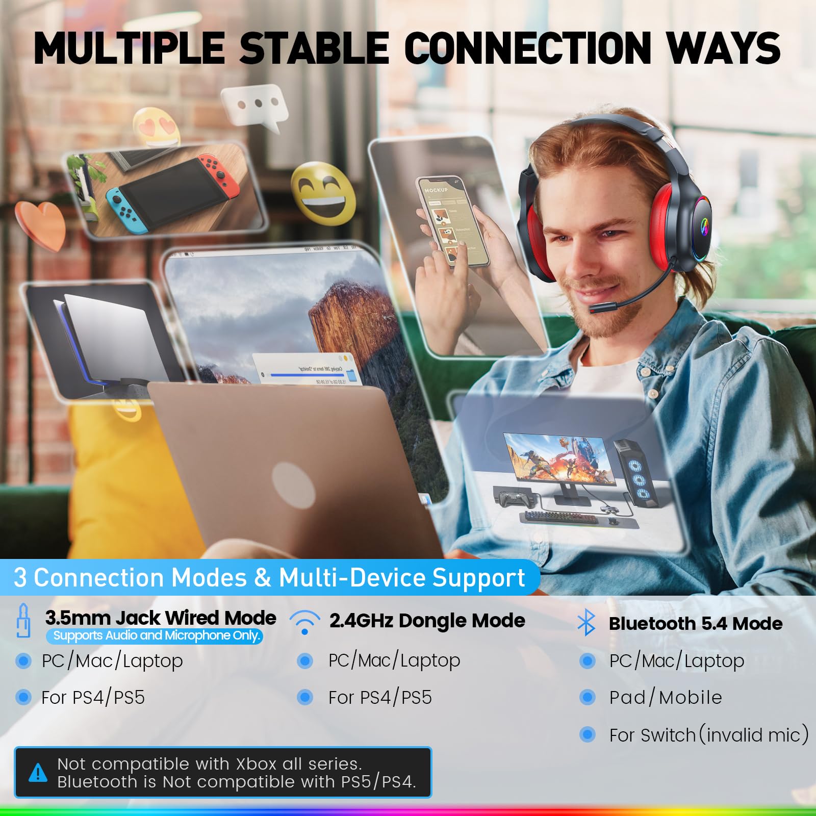 2,4 GHz Wireless Gaming Headset, Geräuschunterdrückende Kabellose Kopfhörer mit Abnehmbarem Mikrofon für PC, Mac, Switch, PS4, PS5, Bluetooth Kopfhörer mit Kabel 3.5mm, Schwarz Rot