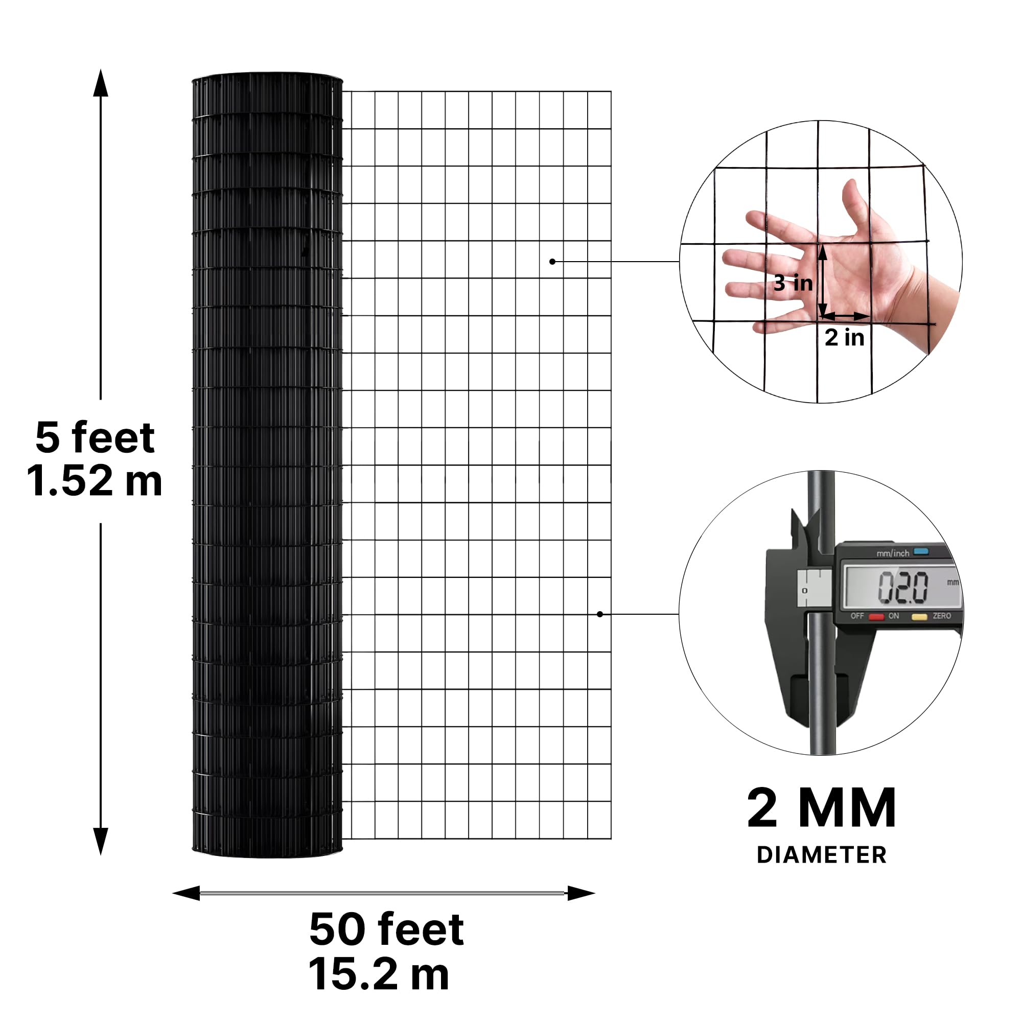 Thealyn Grillage de jardin de 1,52 m x 15,2 m pour utilisation sur poteau de clôture de 1,8 m, trous de 5 cm x 7,5 cm, clôture à chaud, grillage soudé avec revêtement en PVC de 2 mm, filet soudé pour