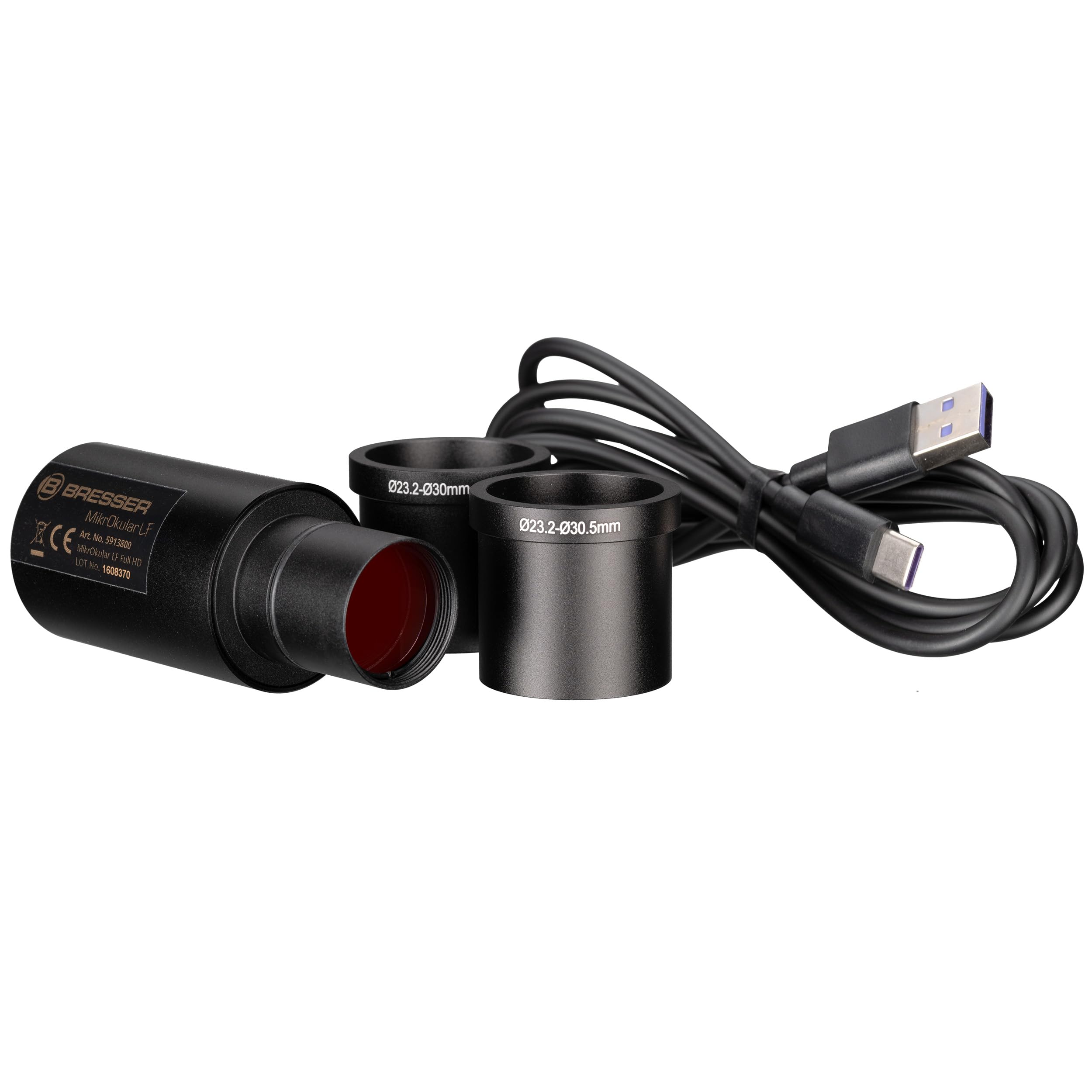 Bresser MikrOkular LF Full HD cámara ocular microscopio con reductor | 1920 x 1080 píxeles, hasta 25 fps, campo siete veces mayor, medición, USB C, adaptadores 23,2 30 30,5 mm, Windows 10 y 11