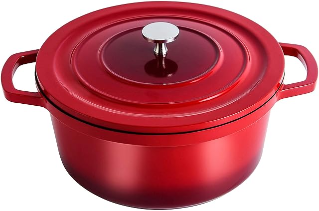swiflon Dutch Oven 5.0-QT Cast Aluminum Nonstick Casserole, Lightweight Cookware Pot with Lid, Braiser Pot Suitable for Meats, Soups, Bread Baking in Oven, Red Shadowed