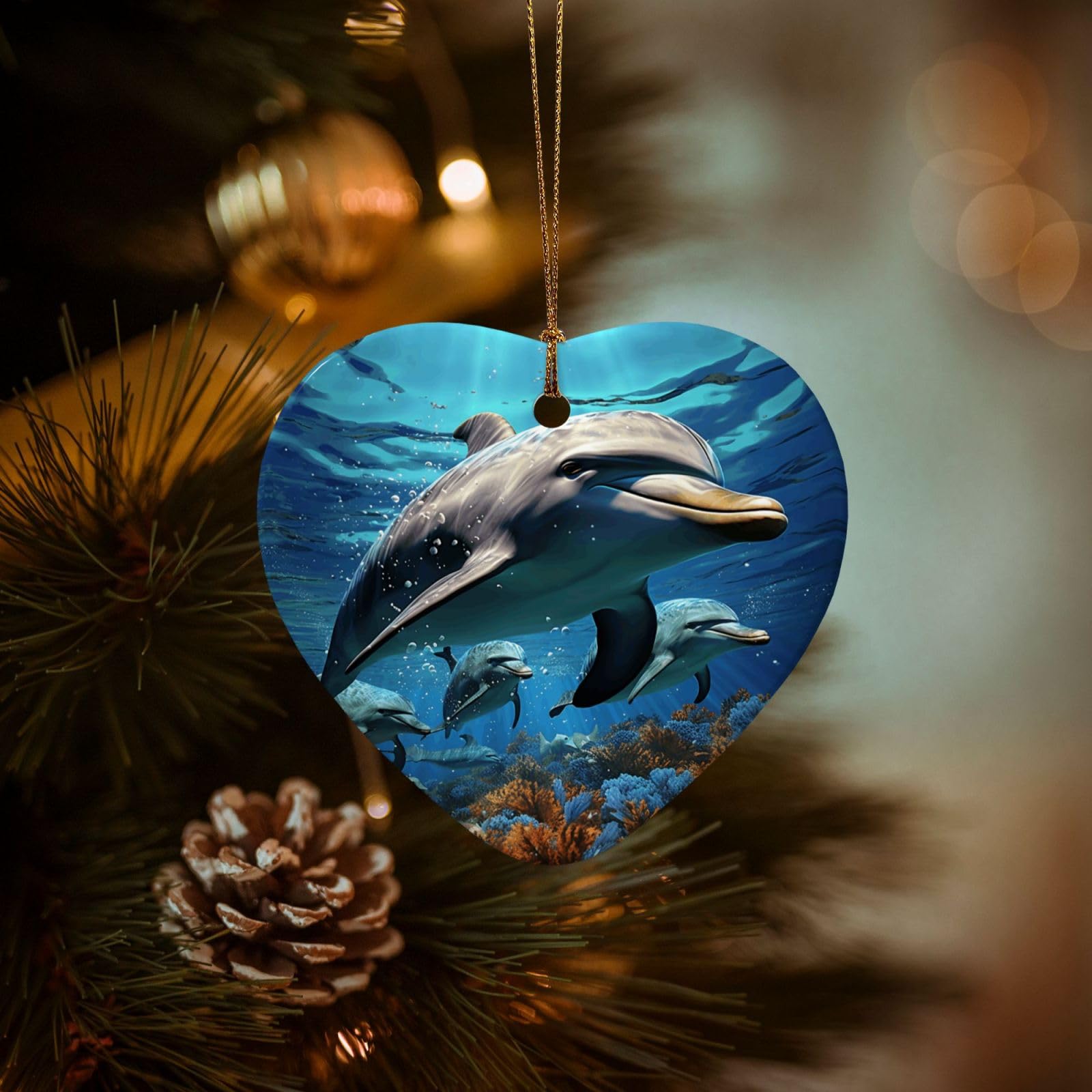 Christmas Ornaments for Christmas Tree Decoration Hanging Dolphins Ornament with Gold Ribbon Crafts Heart Shape Ceramic Pendant for Keepsake Gifts Xmas Decor Party Supplies