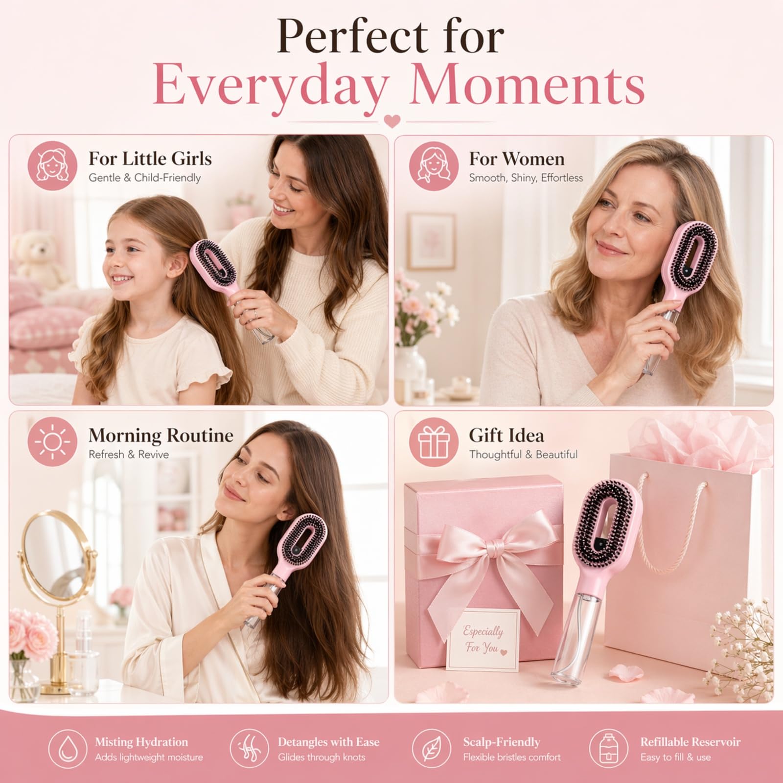 2-in-1 Misting Haarbürste mit eingebautem Wasserspray, entwirrende nasse & trockene Haarbürste für lockiges/dickes Haar & Kinder, feiner Nebel Sprüher, nachfüllbares Reservoir, Anti-Frizz Portable