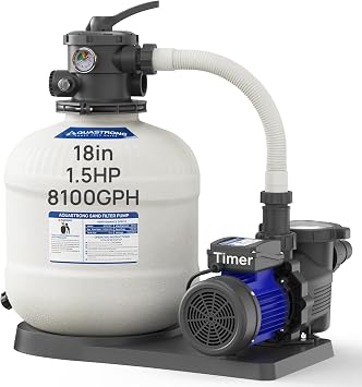AQUASTRONG 18in Sand Filter Pump with Timer, 1.5 HP, 8100 GPH Pool Pumps for Pools Up to 28000 GAL, Pool Filter With 6-Way Valve, Improved Circulation and Filtration