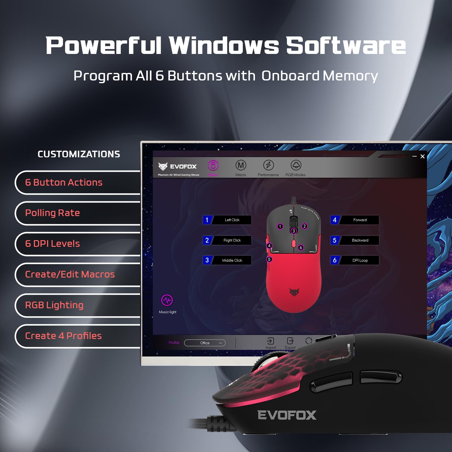 EvoFox Phantom Air Ultra Lightweight Gaming Mouse 54g | Upto 1000Hz Polling Rate, 7000 FPS, 12800 DPI | Honeycomb RGB Lighting | Fully Programmable with Windows Software & On-Board Memory | Black — Amazon image 4