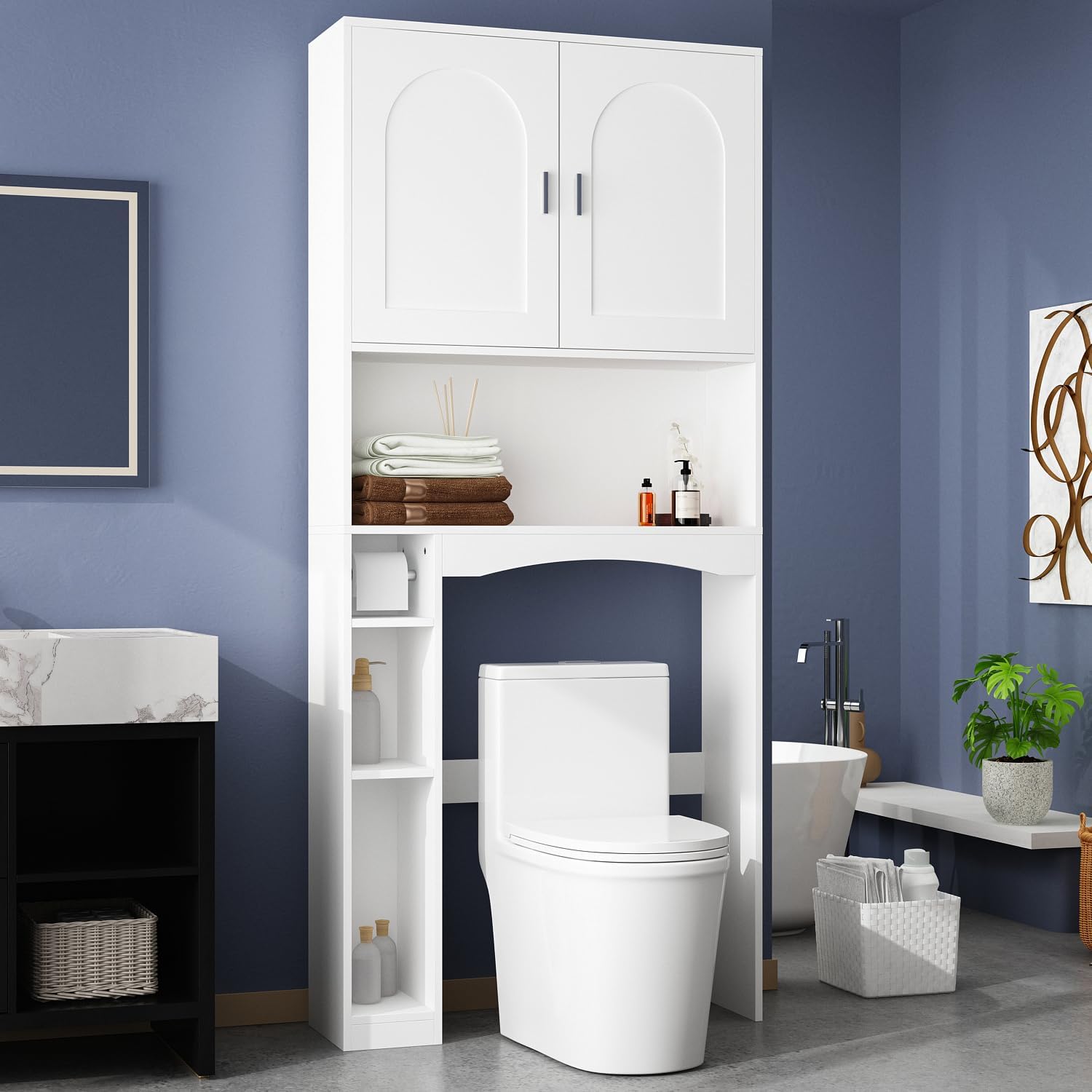 ECACAD 70.9" H Over The Toilet Storage Cabinet with Shelves & Doors, 6-Tier Over Toilet Organizer Shelf, Bathroom Shelf with Toilet Paper Holder for Restroom, Laundry, White