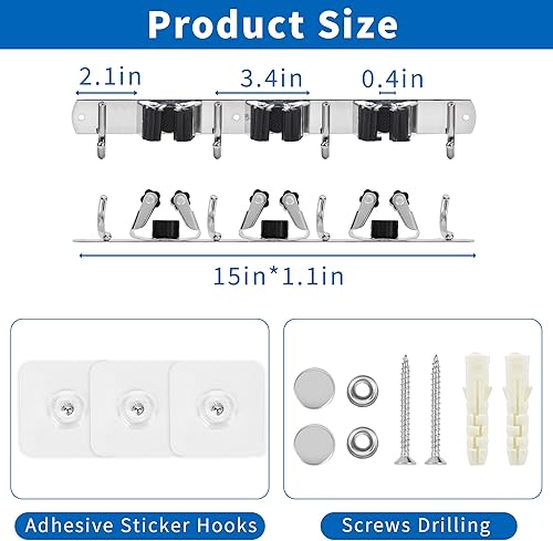 Miniatura 6 de Soporte de pared para escoba de fregona, organizador de escoba de lavandería, herramienta de almacenamiento para colgar en la pared, 3 estantes y 4