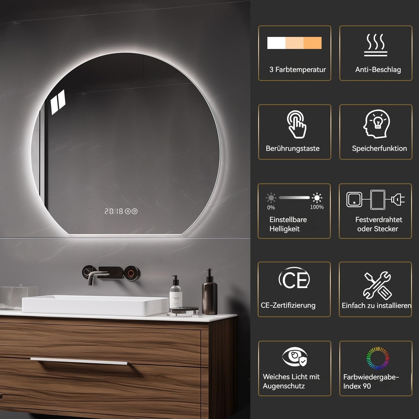 Gecheer LED-Badezimmerspiegel, 80 cm Durchmesser, integrierte Beleuchtung, dimmbar, 3 Farben (3000/4000/6000K), beschlagfrei, rund, für Make-up, Rasur, für Moderne Badezimmer, Schlafzimmer