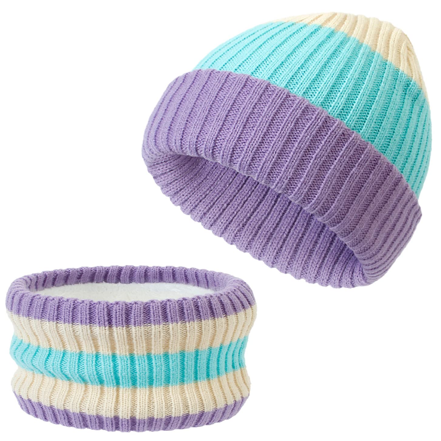 Muryobao Toddler Kids Boys Girls Beanie Hat Scarf Set Winter Thick Warm Knit Hats Fleece Lined Neck Warmer Skull Cap Purple Mint Beige Age 0-24 Months
