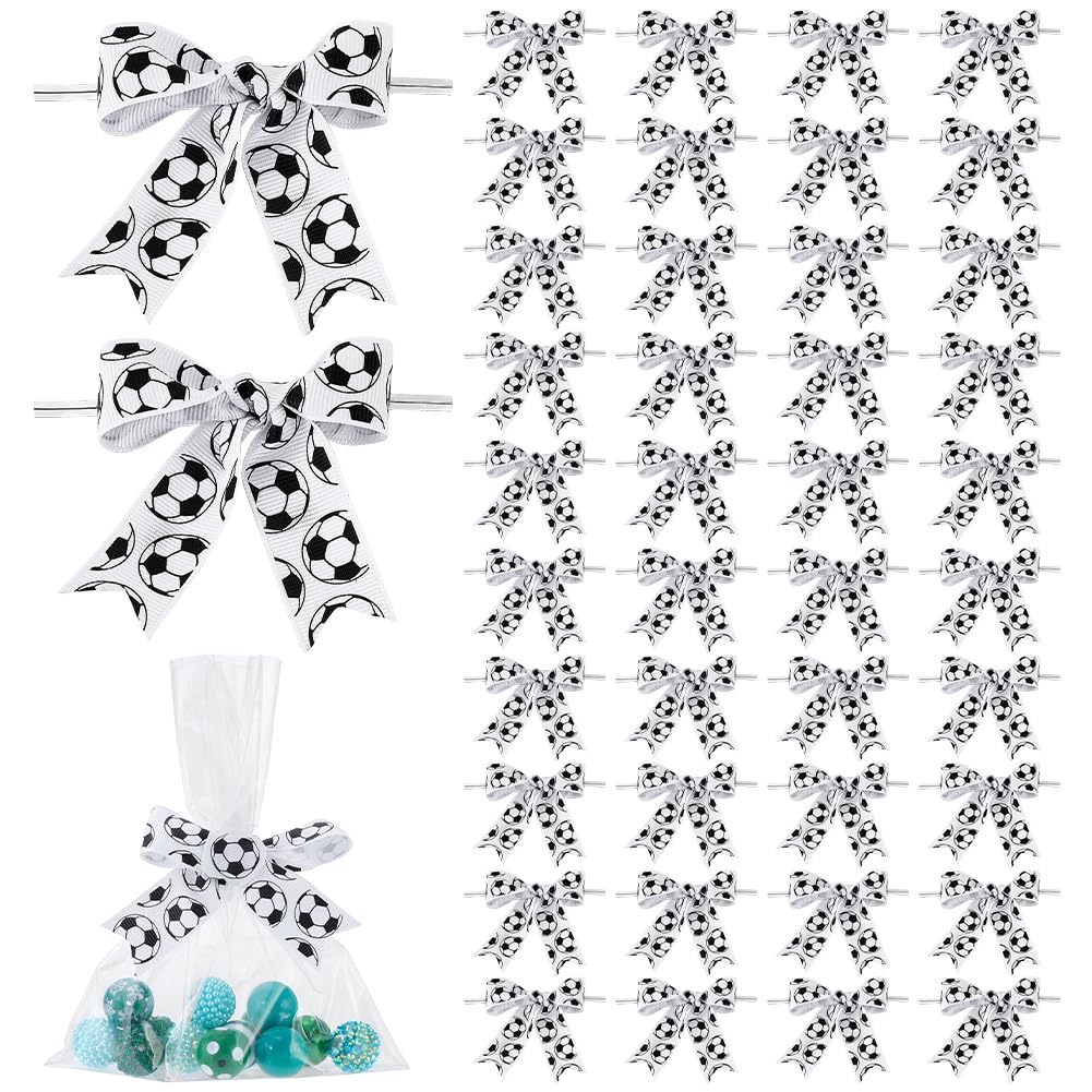 PH PandaHall Bulk 50pcs Football Bows 3 inch Football Ball Printed Ribbon Bows White Premade Bow Twist Tie Crafts Small Bow for Gift Wrapping Shower Wedding Sports Event Decoration and Crafts
