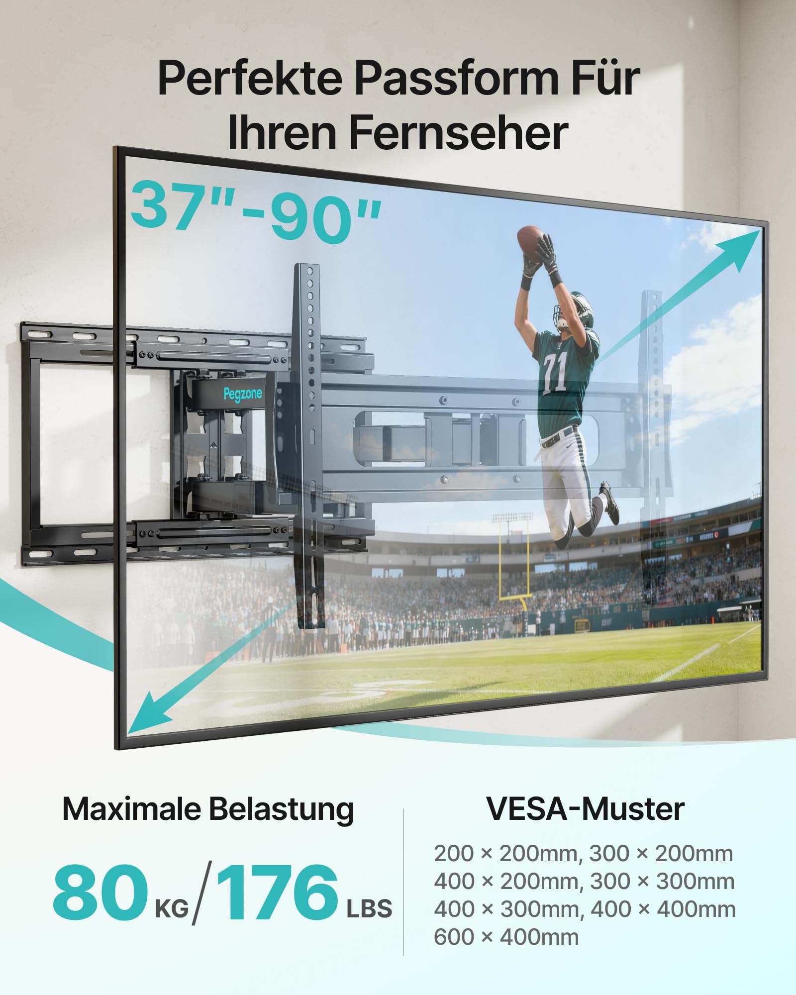 PEGZONE Doppelarm TV Wandhalterung bis 80 kg für 37–90 Zoll Fernseher | Wandhalterung Fernseher Schwenkbar & Neigbar, max. VESA 600x400 mm, Wandabstand 120–645 mm, Kabelmanagement
