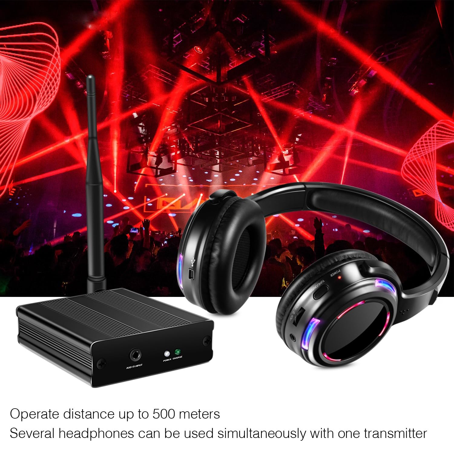 Casque professionnel sans fil Disco LED silencieux et RF LED Silent Disco Écouteurs pour iPod MP3 DJ Musique Pary Club (2 casques LED + 1 émetteur)