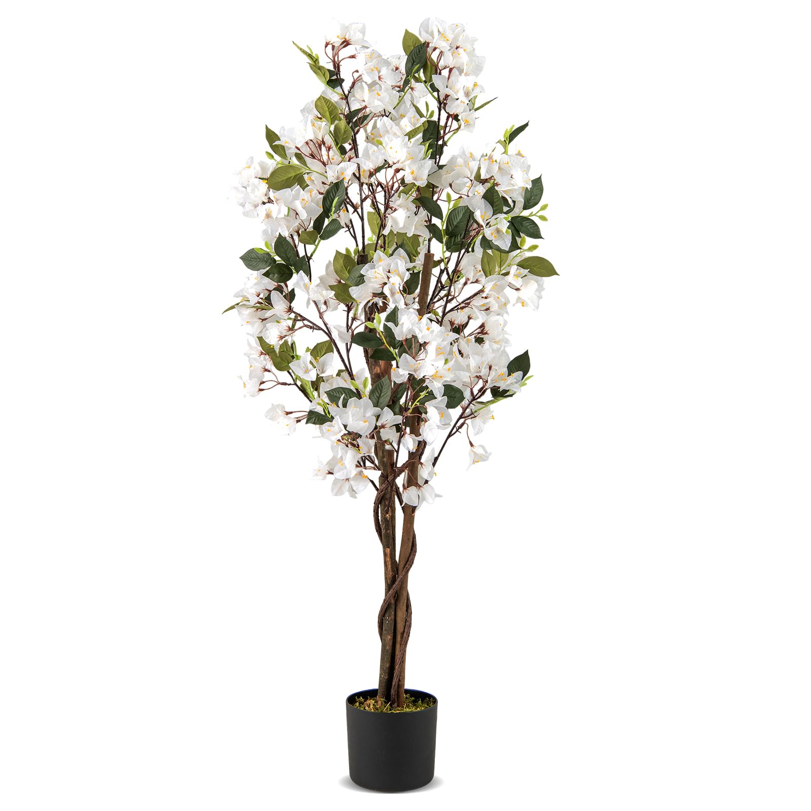 COSTWAY 120 cm Kunstbaum mit Blüten, Kunstpflanze im Topf, Künstlicher Bougainvillea Baum, Fake Topfpflanze, Künstliche Pflanzen für Indoor Outdoor Schlafzimmer Büro Garten Dekoration (Weiß,1)