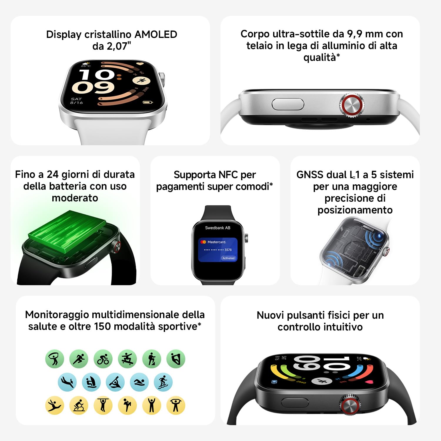 XIAOMI Redmi Watch 6 NFC, Smartwatch Uomo Donna, Activity Tracker AMOLED 2.07'' con Monitoraggio di Frequenza Cardiaca, 150+ modalità sportive, Autonomia 24 giorno, 5ATM, GPS, Android&iOS, Nero
