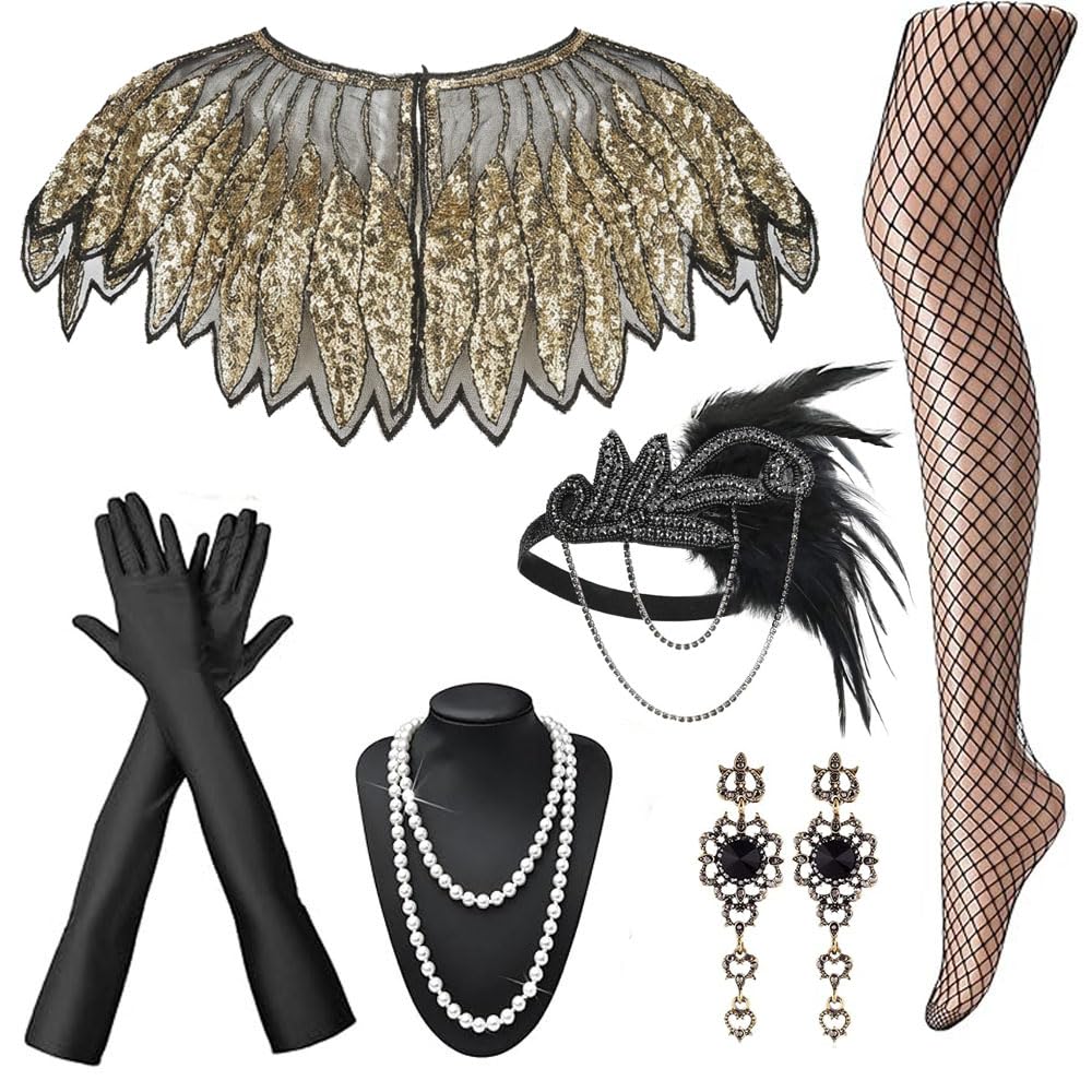 mefound 1920s Flapper Accessories for Women Great Gatsby Accessories Roaring 20s Theme Set with Shawl Headband Gloves Necklace Earrings Socks Ladies Charleston Fancy Dress Up for Retro Party Halloween
