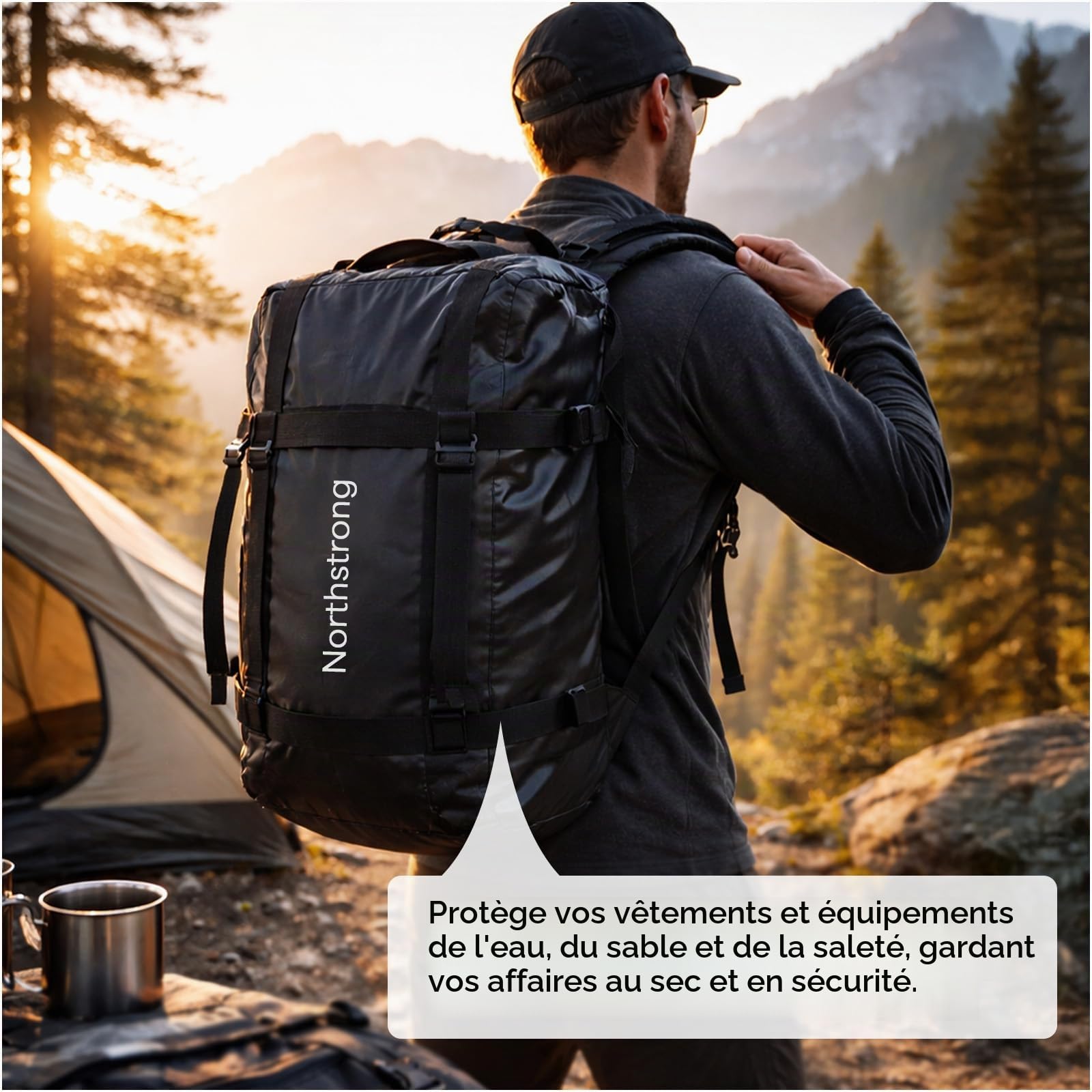 Northstrong Sac Imperméable – Duffle Bag avec Compartiments Séparés – Capacité 60L & PVC 500D Résistant – Sac à Dos avec Bretelles Réglables – pour Sports Nautiques, Outdoor & Voyage – Noir
