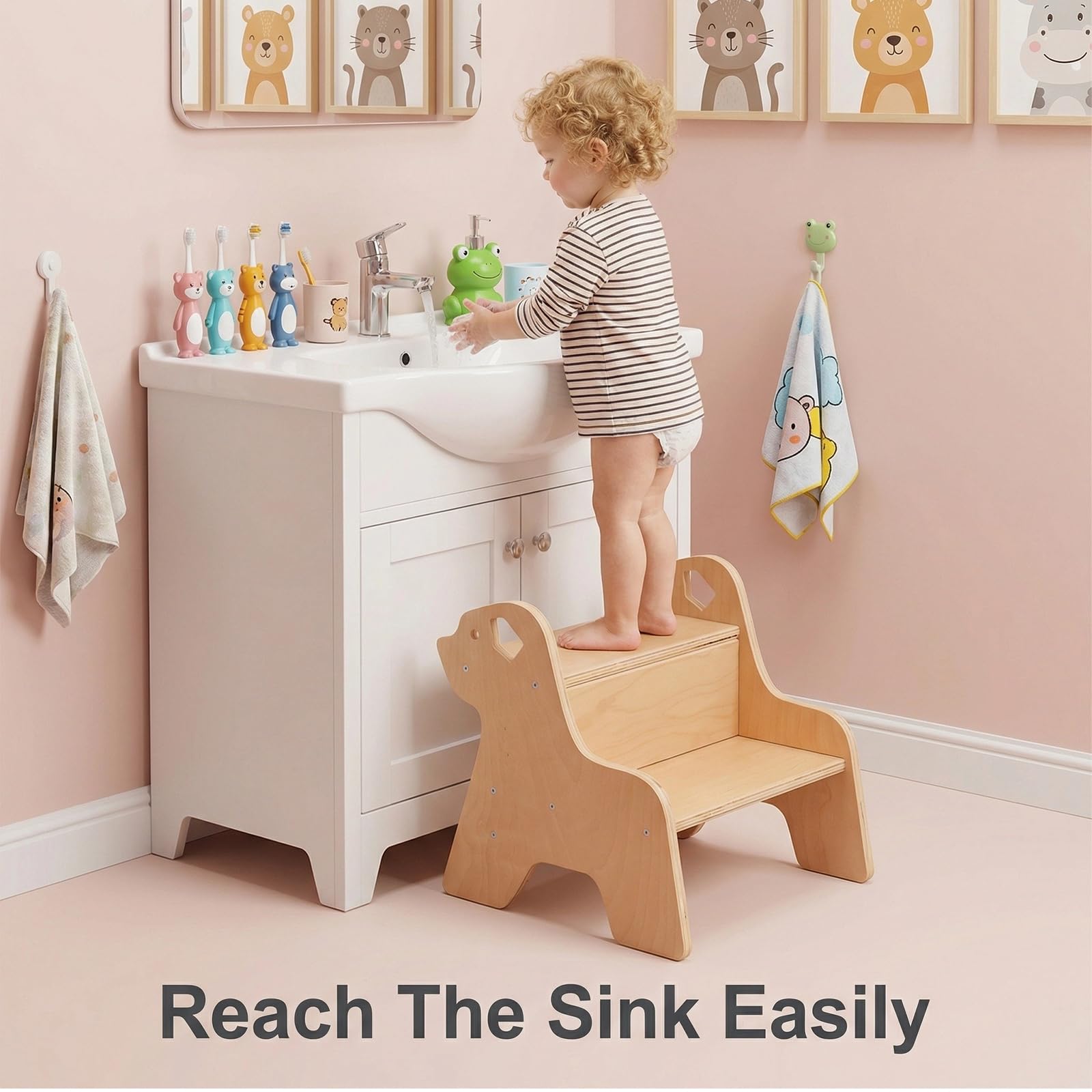 Sgabello a 2 Livelli per Bambini in Legno con Maniglia, Robusto Gradino per Cucina Bagno Cameretta