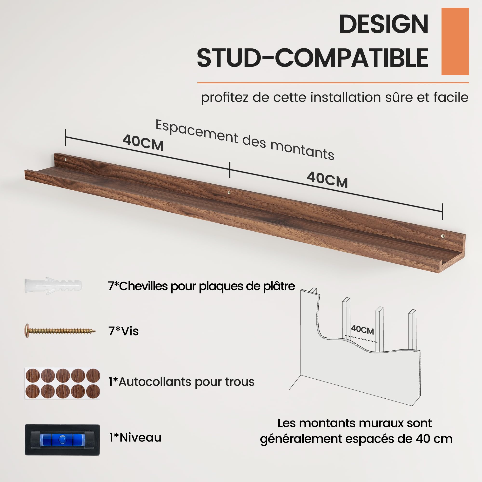 FLYJOE Étagères Murales Flottantes, 120 cm Étagère Photo Murale en Bois Composite, Tablettes Murales Forme U pour Livres d’Enfants, Salon, Cuisine & Chambre, Noyer, Lot de 2