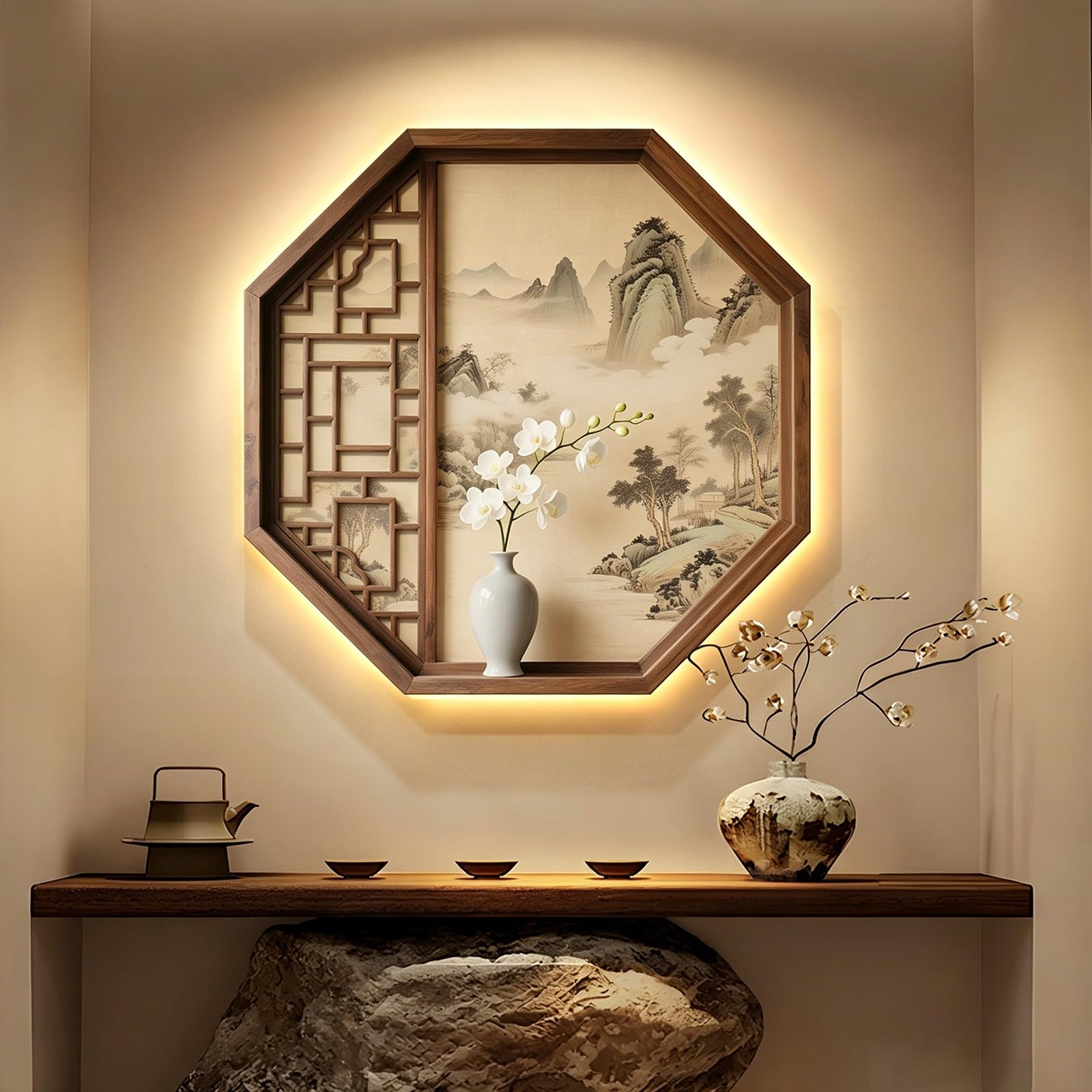 Art Mural 3D LED décoration lumineuse salon tableau paysage zen 60cm