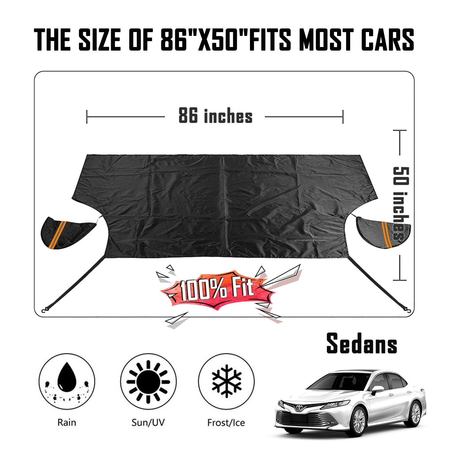 Windshield Cover for Cars, Trucks, Vans - 86x50 Inch Waterproof All Weather Winter Snow Frost Ice Sun Shade Cover with Side Mirror Covers, Automotive Exterior Accessories