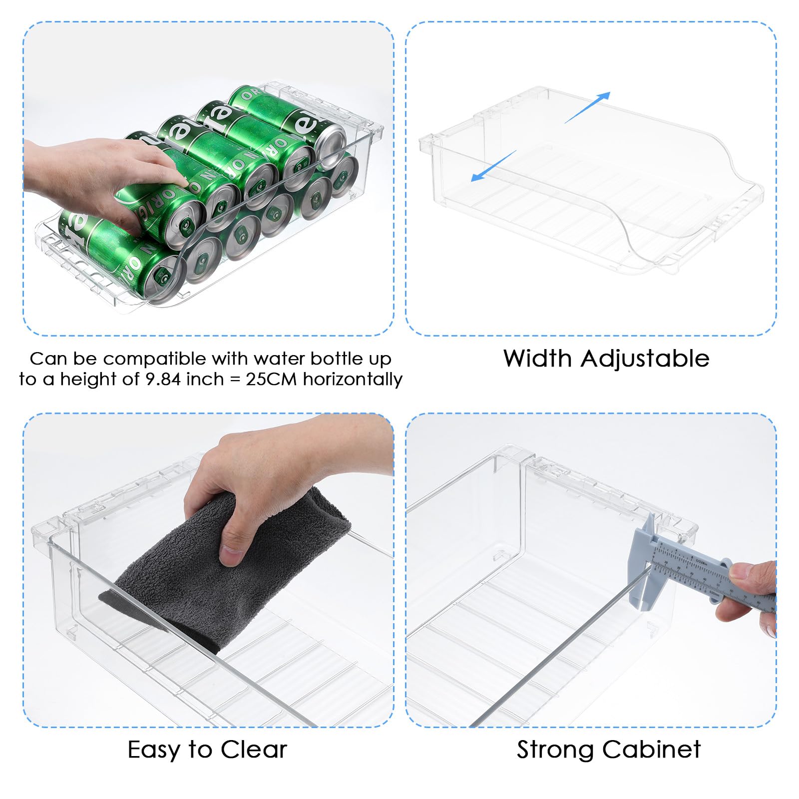 Paquete de 2 organizadores de latas de refrescos de ancho transparente ajustable para refrigerador, dispensador de latas de refresco expandible para cerveza, refrescos, seltzer, pop, organizador para