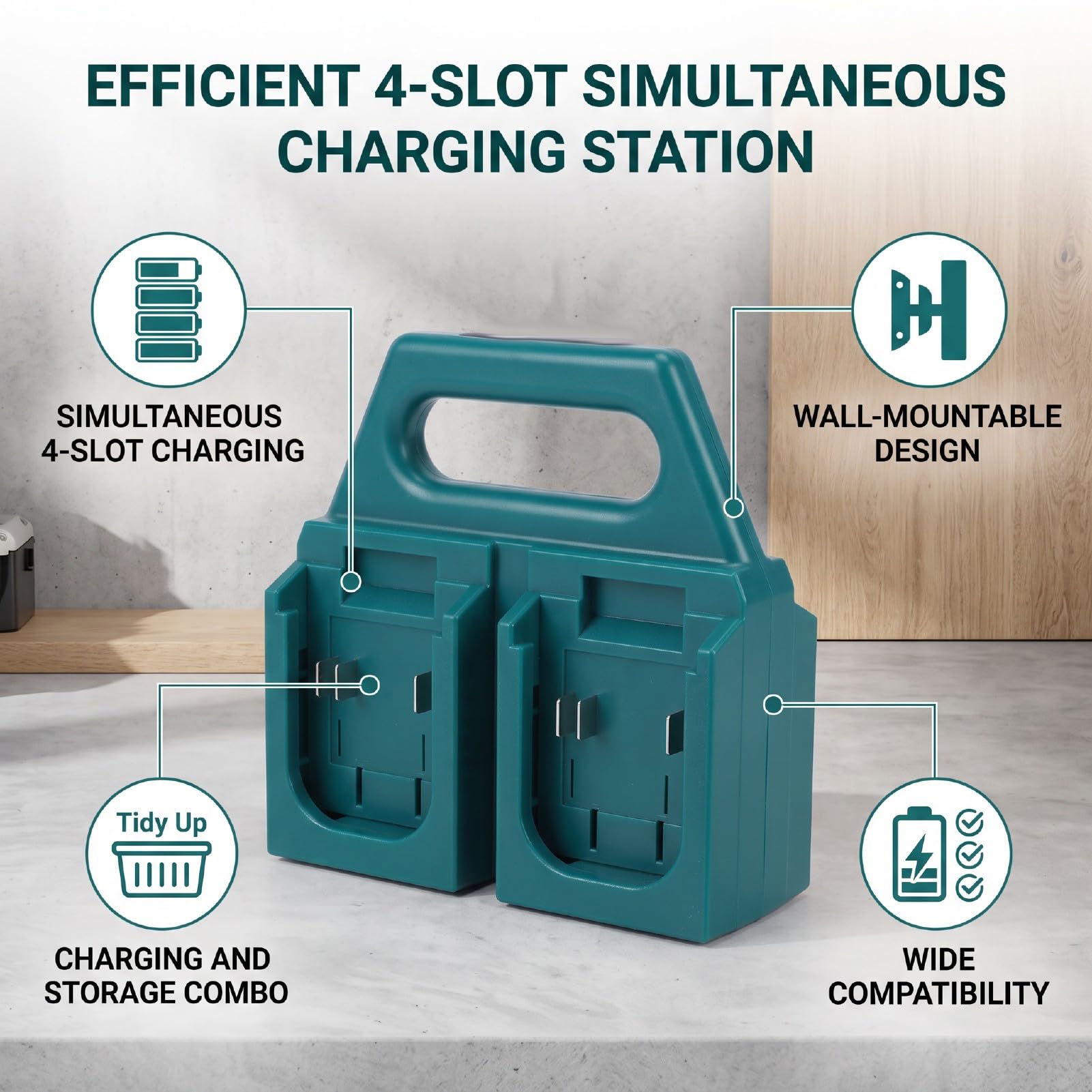 Caricabatterie a 4 Slot per Batterie Agli Ioni di Litio da 18 V | Stazione di Ricarica della Batteria, Materiale in Lega PC, compatibilità BL1830 BL1850 BL1860B, Slot per Montaggio a