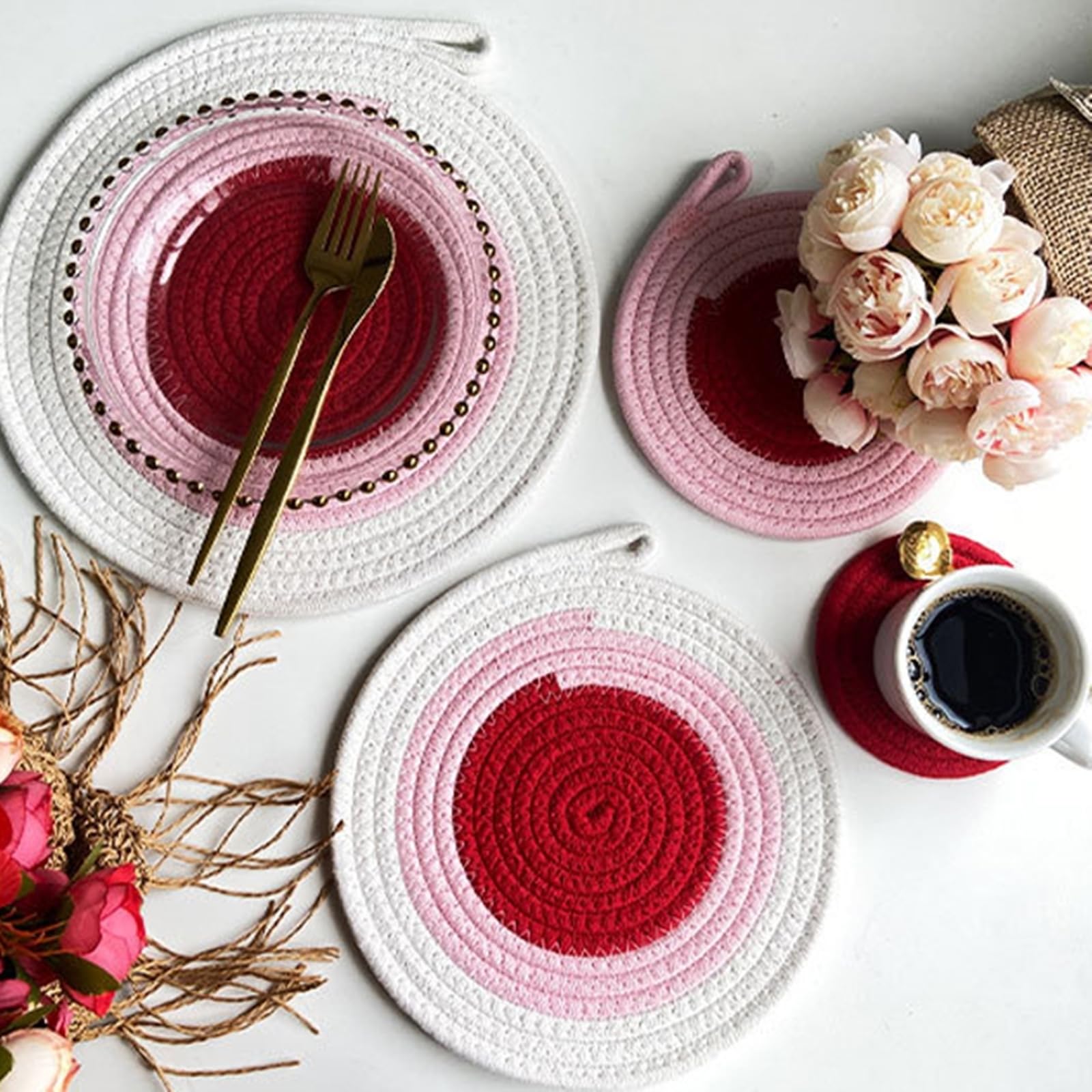 Beydodo Set de Table Lavable Lot de 10, Set de Table Anti Tache en Coton 30 cm Diamètre, Napperon Cuisine Ronde Tressé Tricolore