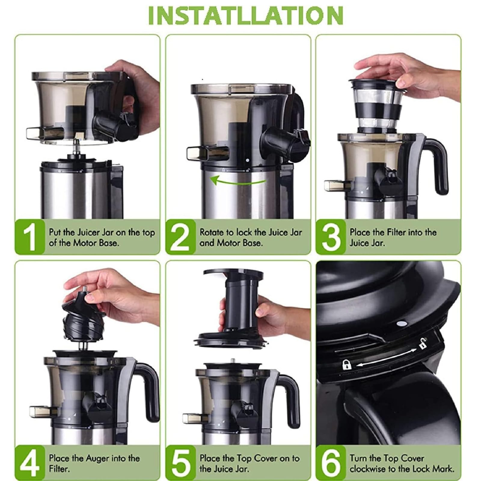 Presse-agrumes à pression à froid, presse-agrumes lent puissant de 200 W, rendement de jus de 90% Rendement de jus élevé Démarrage à un bouton facile à nettoyer pour citron vert pamplemousse o GREEN
