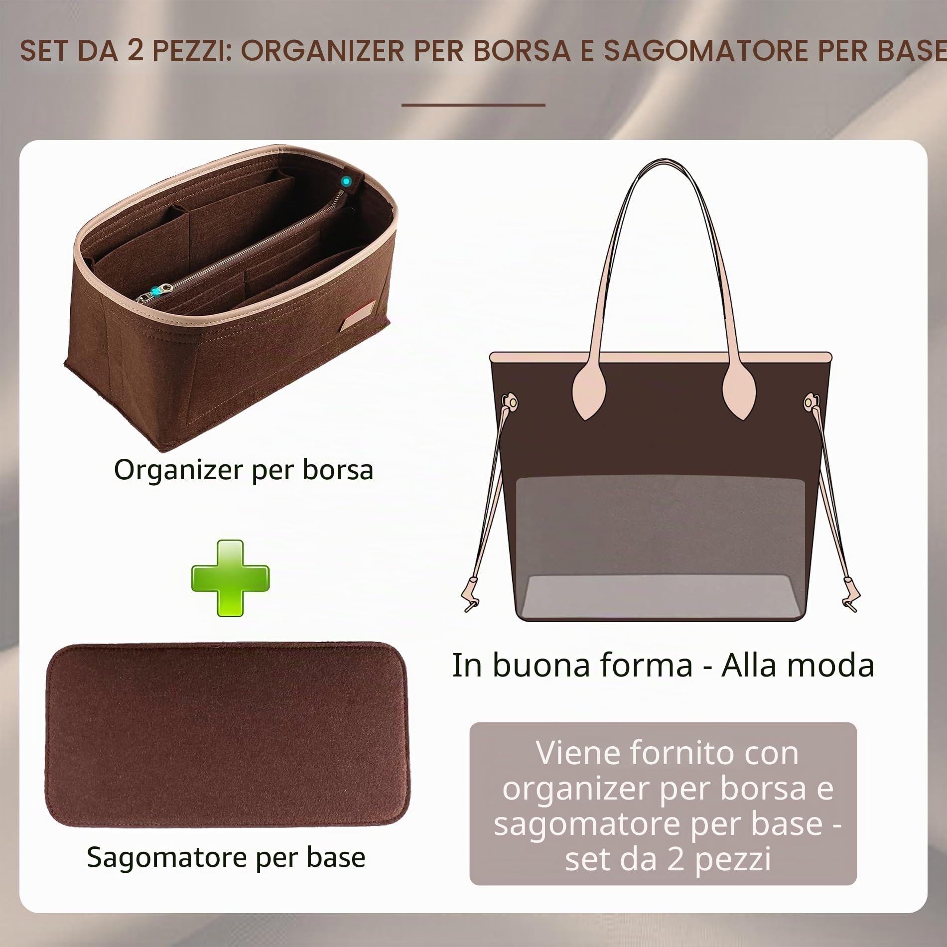 Doxo Set di 2 organizer per borsa e base in feltro per LV Speedy 25 e Neverfull PM (M-marrone)