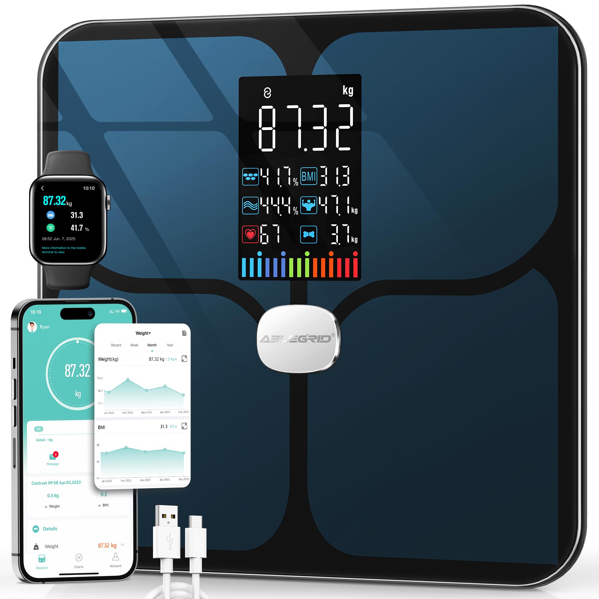 ABLEGRID Wiederaufladbar Körperfettwaage, LED Personenwaage Digital Mit Körperfett Und Muskelmasse Körperfettanalyse, 16 Messungen Der Körperzusammensetzung BMI, Herzfrequenz, 180kg, Schwarz