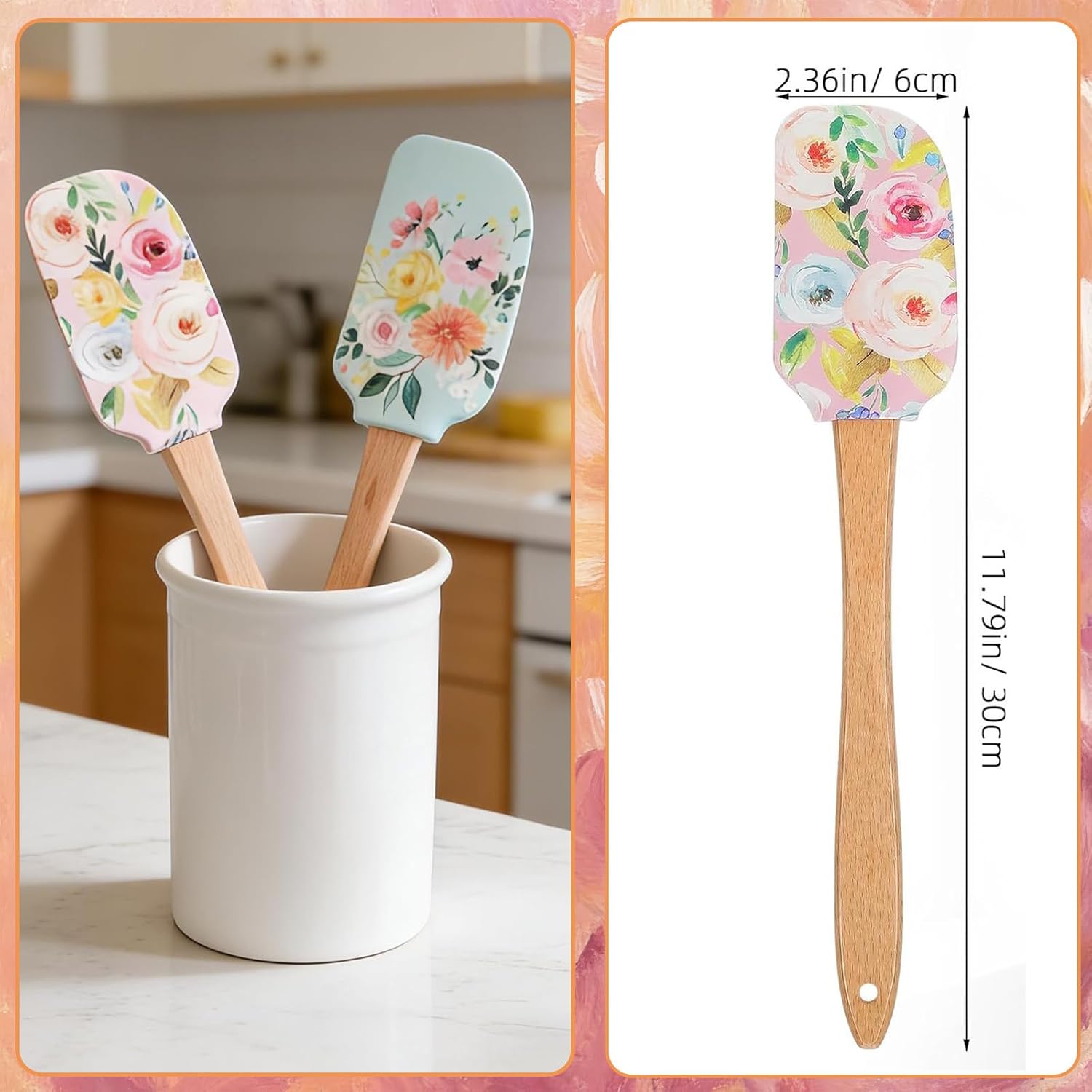 2Pcs Floral Silicone Spatula with Wooden Handle Baking Spatula for Cake image 3