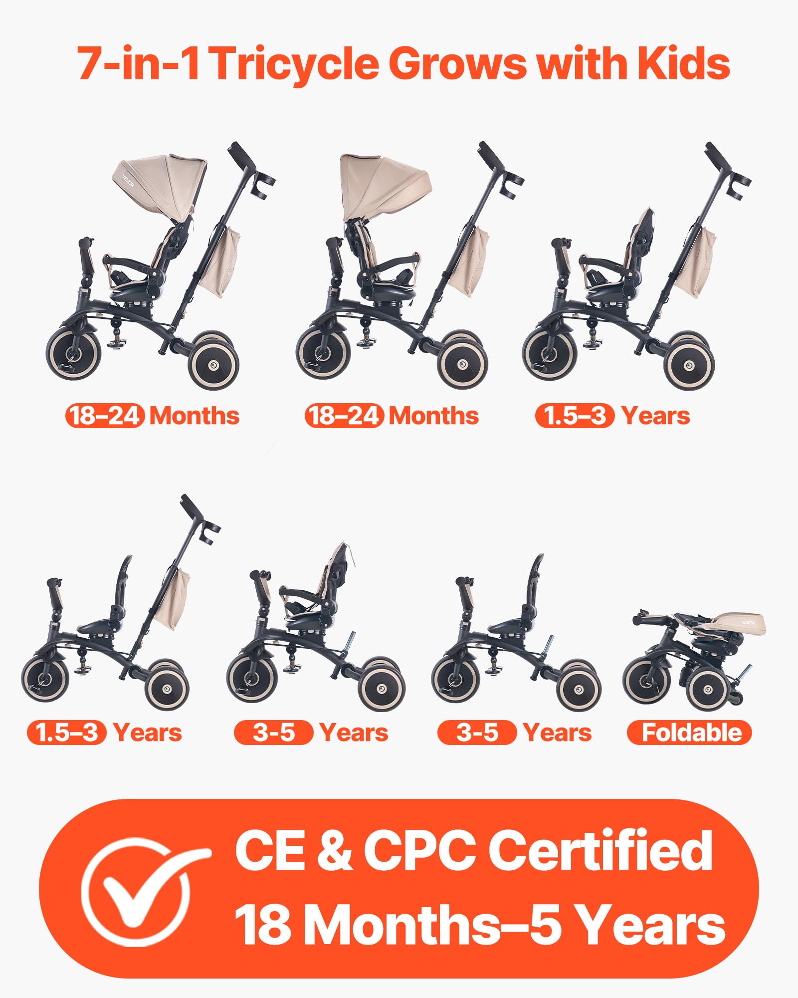 VEVOR Triciclos Plegable para Niños de 1,5 a 5 Años, Triciclo Infantil con Manillar de Empuje, Capota, Asiento Giratorio, Espacio de Almacenamiento, Cuadro de Acero al Carbono, Caqui y Negro