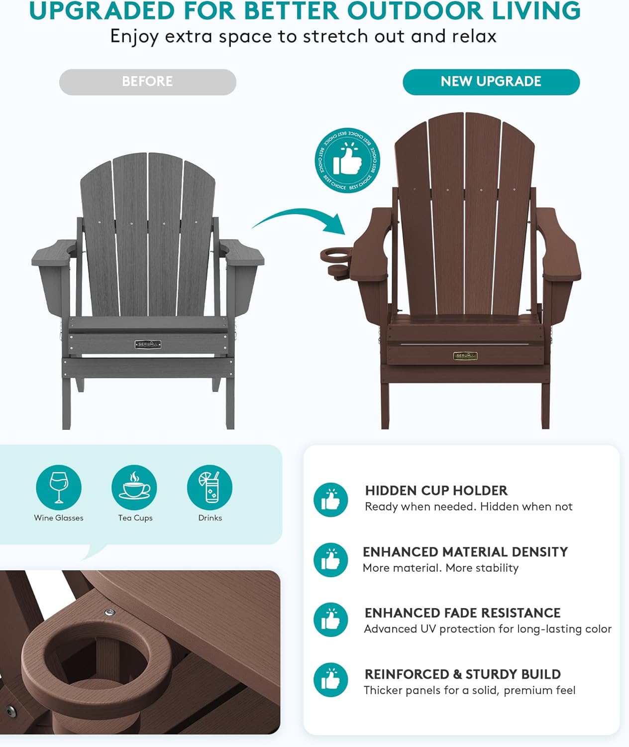 SERWALL Folding Adirondack Chair Set of 2, All Weather Adirondack Chairs with Cup Holder for Patio Garden Outdoors Fire Pit - Coffee