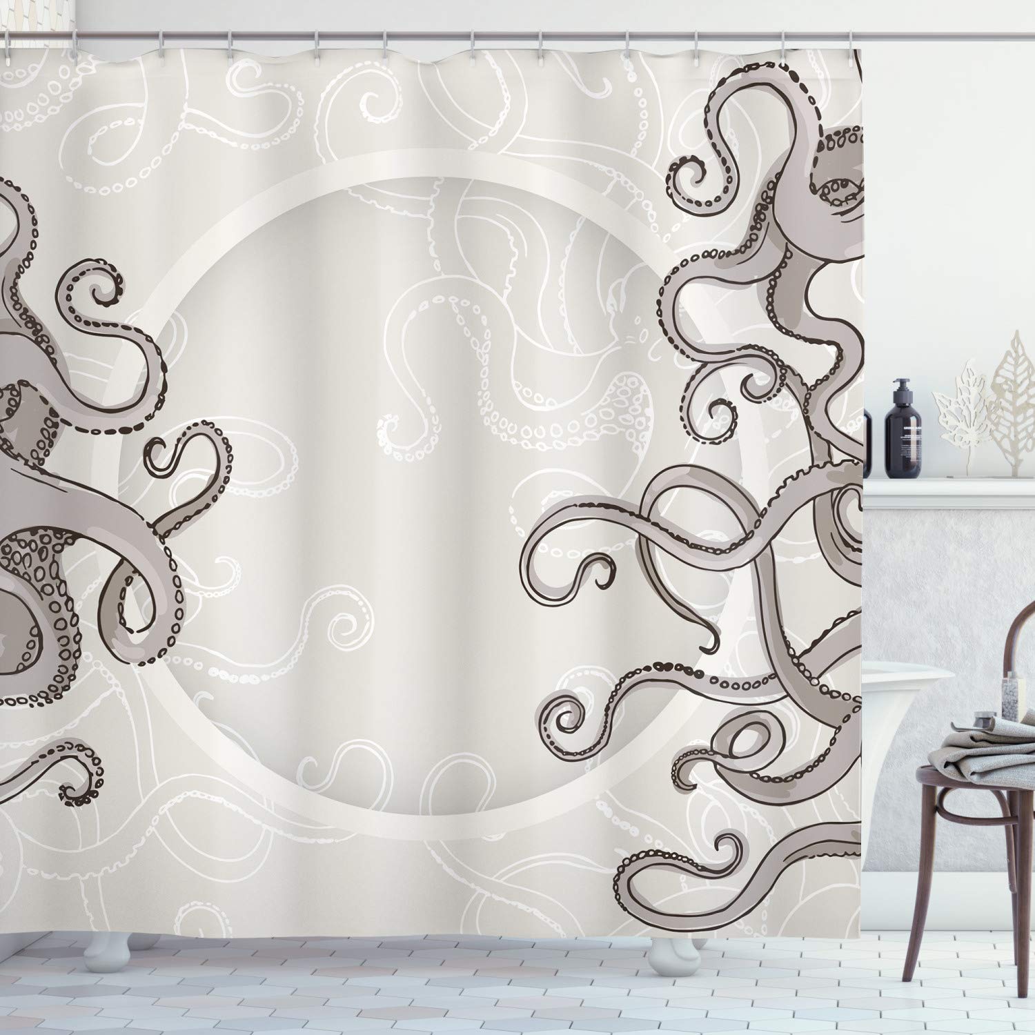 ABAKUHAUS Kraken Shower Curtain, Fish Octopus Tentacles a Circular Shape Surreal Universe Treasure Beast Graphic