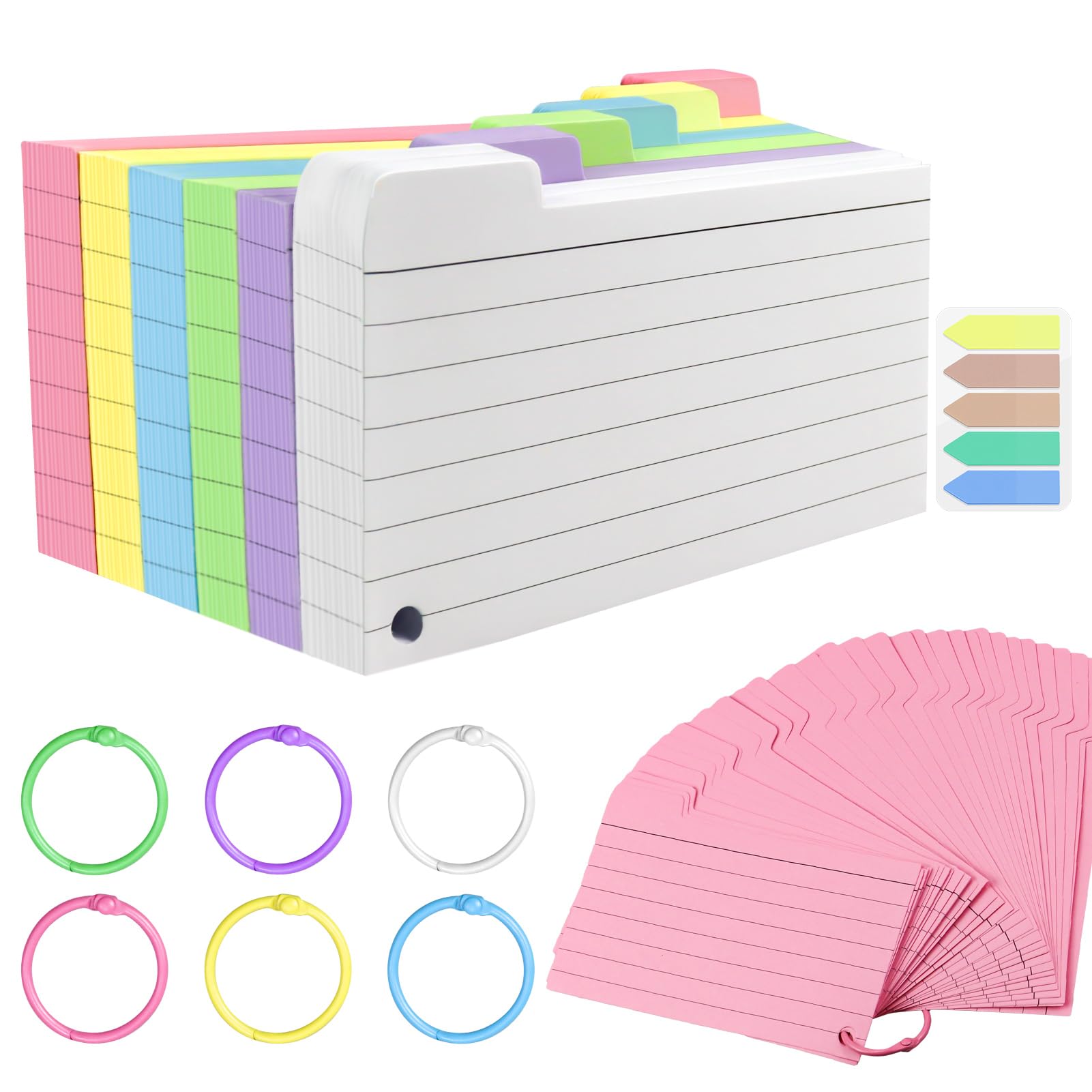 Karteikarten, liniert, 7,6 x 12,7 cm, mit Ring, farbig liniert, beidseitig Notizkarten, Lernkarten, Notizblock, für Büro, Schule, Zuhause, 300 Stück (6 Farben)