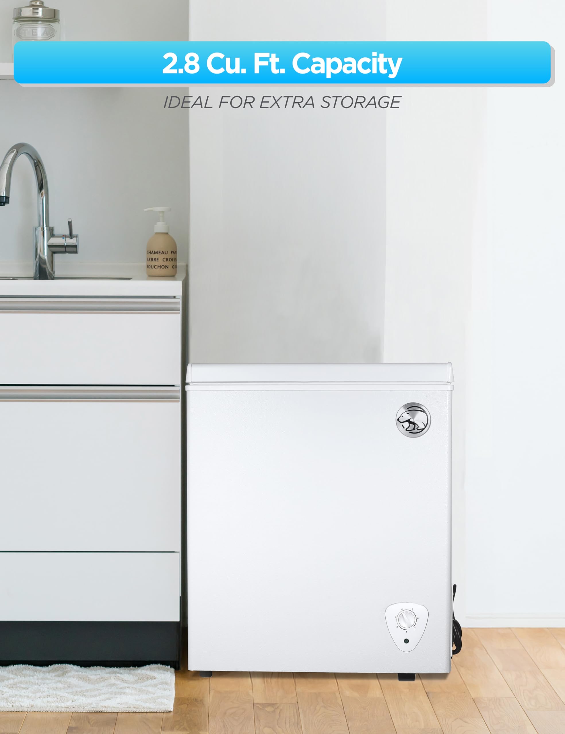 Commercial Cool 2.8 Cu. Ft. Compact Chest Freezer, Textured Finish, Deep Freezer For Frozen Food Storage, Removable Storage Basket, Mechanical Temperature Control, R600a Refrigerant, Ccfw28, White on Fridge.com - View 2