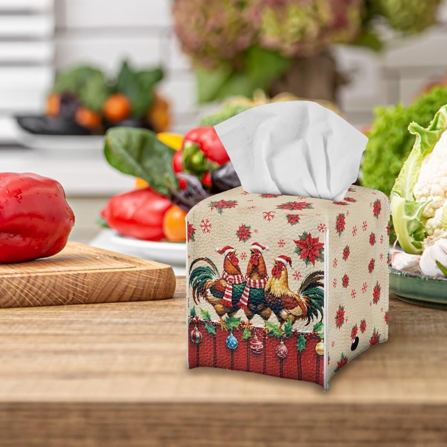 Rooster Square PU Leather Tissue Box Cover Portable Tissue Box Holder with Bottom Belt Waterproof Facial Paper Organizer Dispenser for Bathroom Gift for Holiday image 3