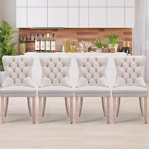 Miniatura 6 de SoarFlash Juego de 4 sillas de comedor de terciopelo, sillas laterales con respaldo alto, moderna silla auxiliar tapizada de alta gama con anillo