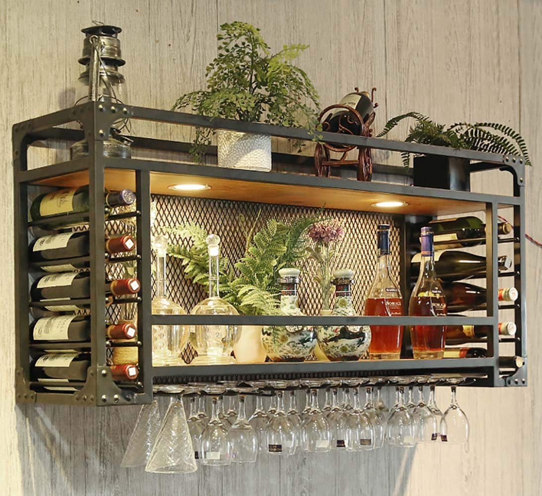 Botellero de vino de metal montado en la pared con soporte para 30 copas de vino y 10-25 botellas de vino para el hogar, cocina, bar, color negro, 80 x 55 x 30 cm